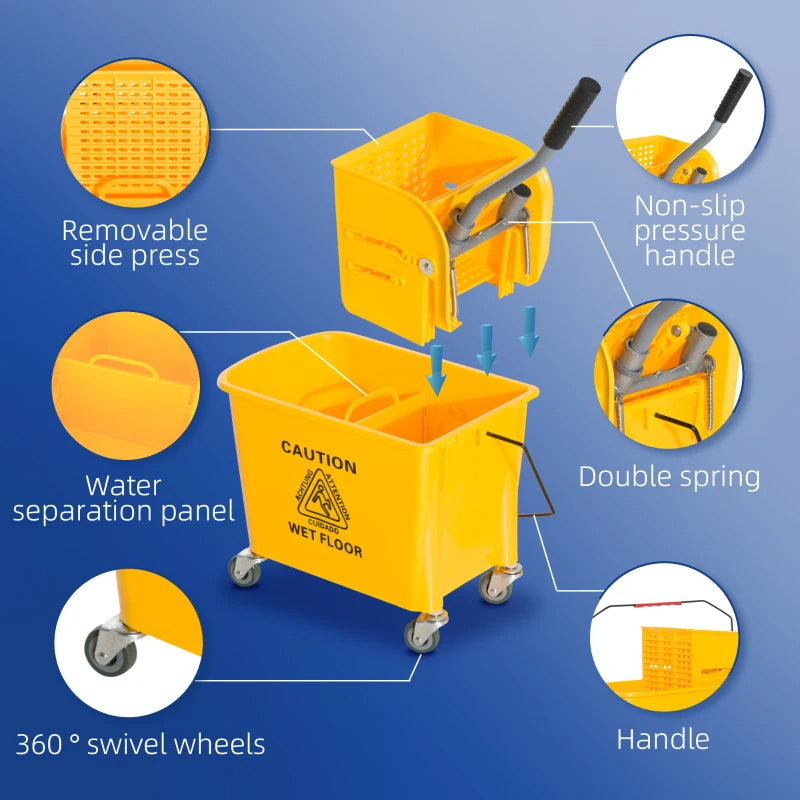 Compact Mop Bucket With Wringer, Mop Bucket On Wheels, 21 Quart, Separate Dirty And Clean Water, Yellow