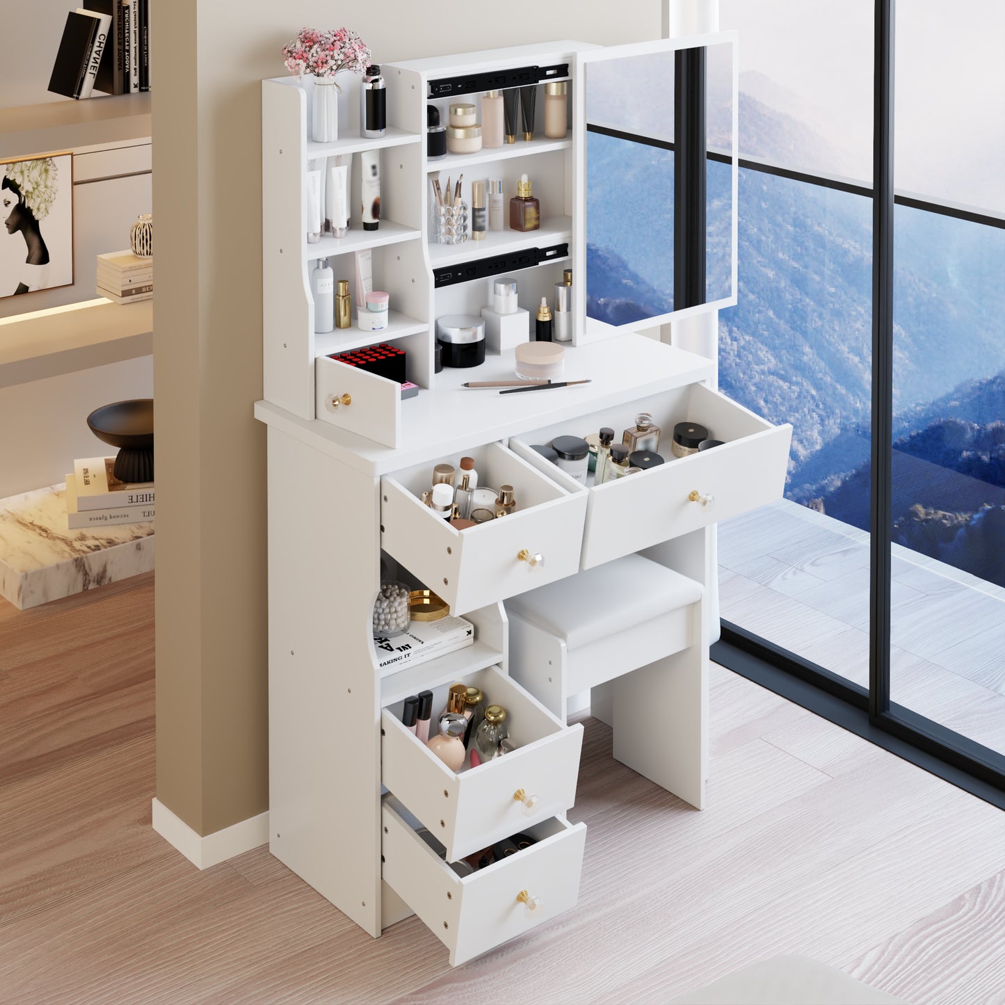 29.2 Small Space Left Drawer Desktop Vanity Table  Cushioned Stool, Extra Large Right Sliding Mirror, Multi Layer High Capacity Storage, Practical Fashionable Dresser, EPA, GCC, UL Certificate
