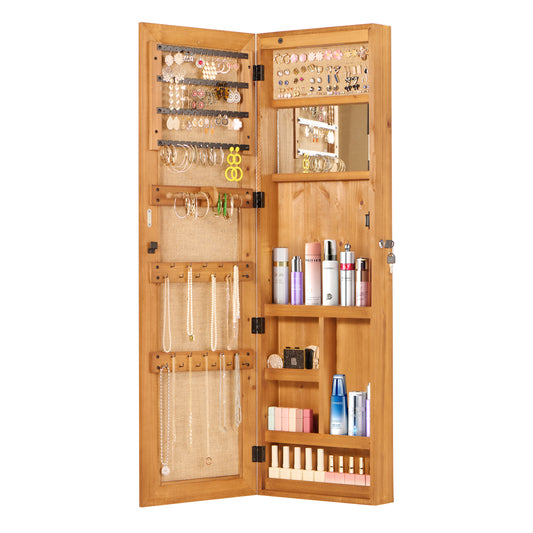 Solid Wood Jewelry Armoire Organizer Cabinet With Full-Length Mirror, 47.5x14.3 In Wall-Mounted Lockable With LED Light