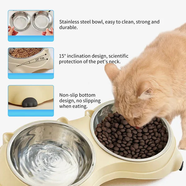 Anti Slip Base Double Cat Food Bowl, Gray Stainless Steel Food And Water Bowl, Easy To Clean And Detachable Design, Cat And Dog Pet Feeder
