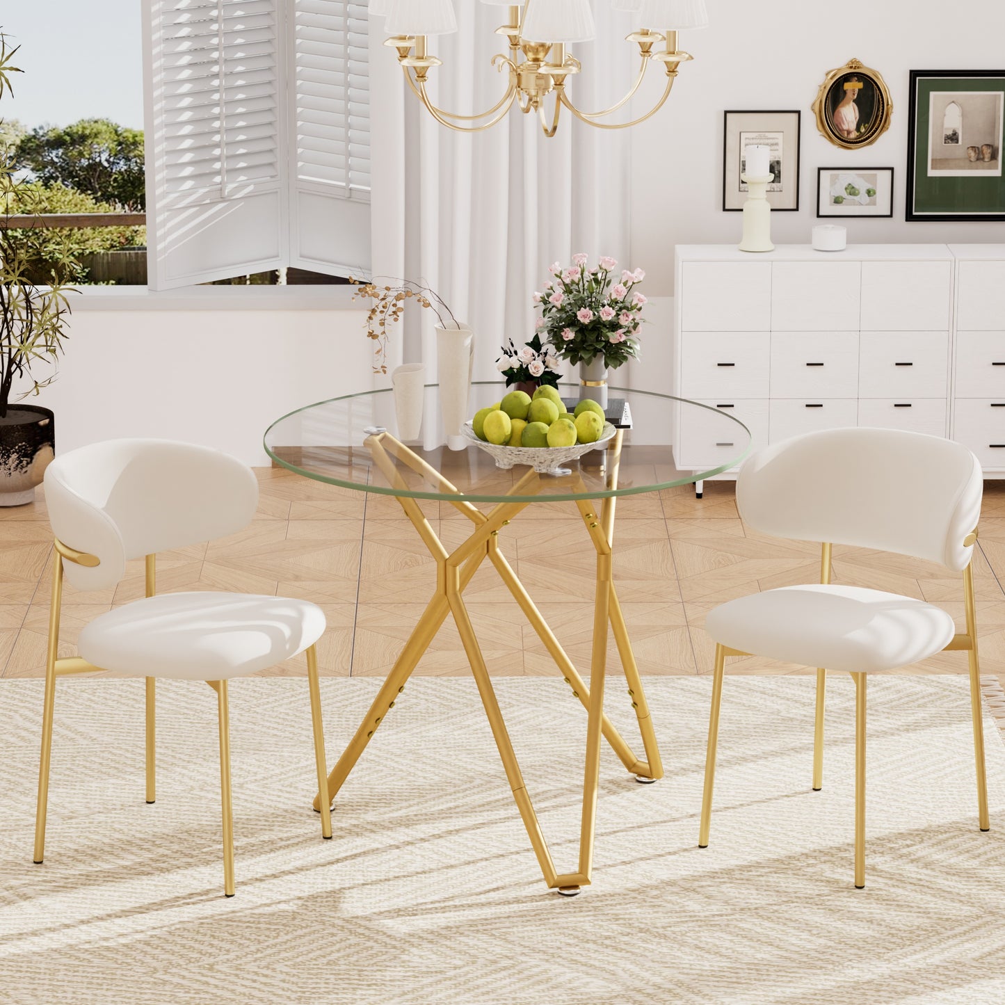 35.4-inch Round Tempered Glass Dining Table, Suitable For 1-4 People, Space-saving Small Kitchen Dining Table, Equipped With Sturdy Metal Table Legs, Suitable For Dining Room, Living Room,Gold