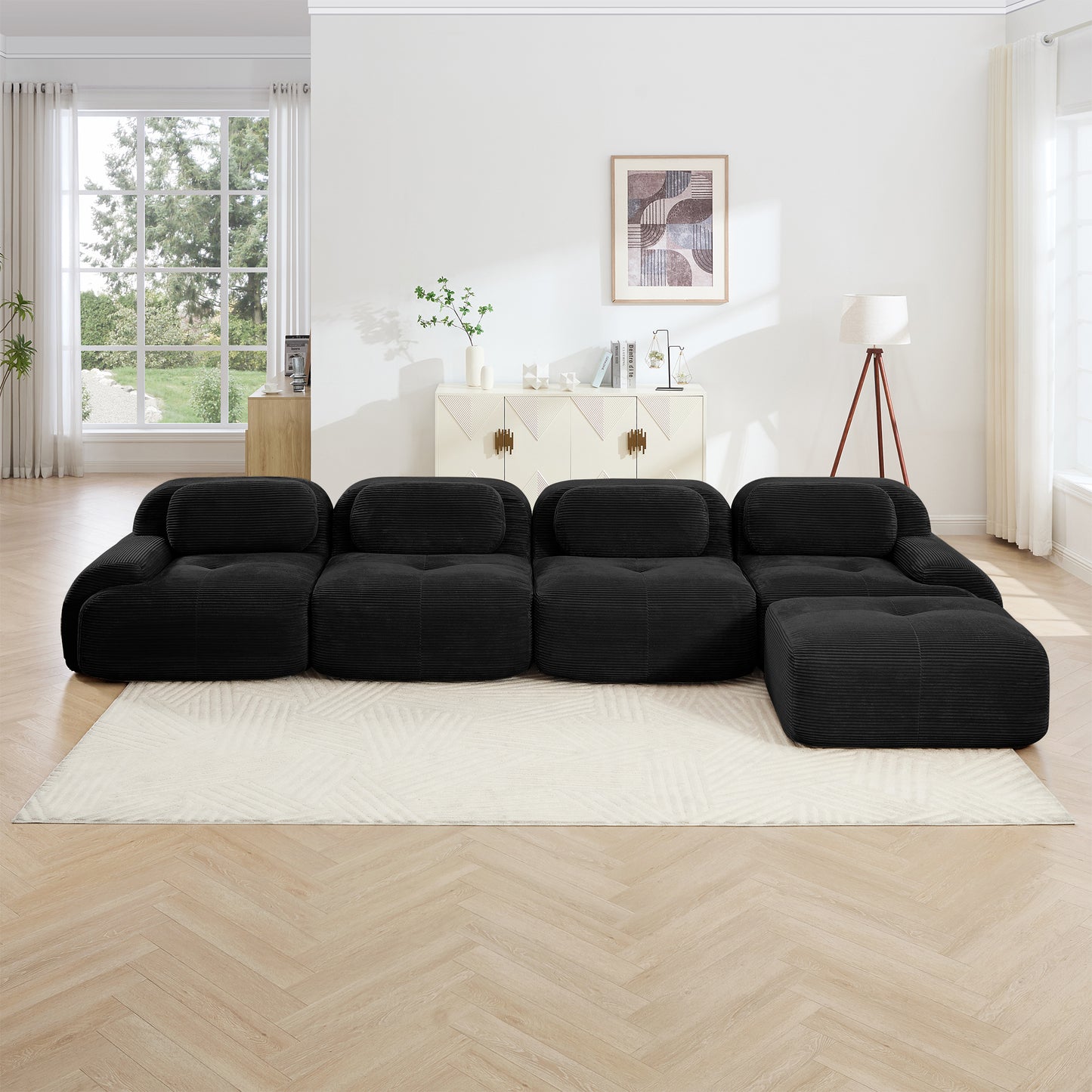 4-seat L-shaped Sofa 32D High-resilience Sponge Anti-slip Design Chaise Design Extra-wide Curved Armrests Multi-free Combination No Assembly For Studies Living Rooms Media Rooms,Black