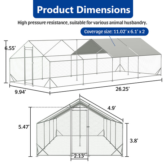 Large Metal Chicken Coop, Walk-in Chicken Run,Galvanized Wire Poultry Chicken Hen Pen Cage, Rabbits Duck Cages With Waterproof And Anti-Ultraviolet Cover For Outside 10 L X 26 W  6.56 H