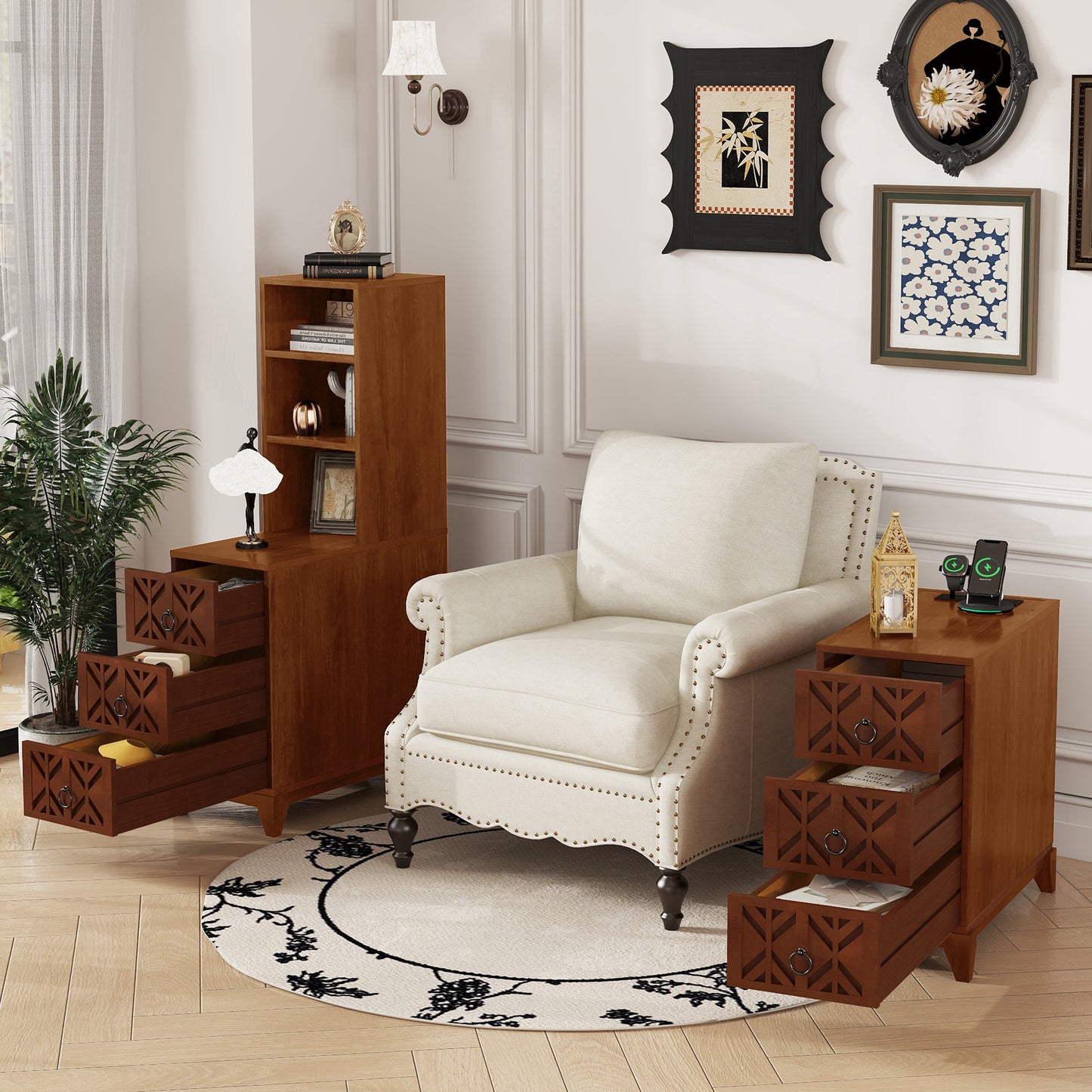 End Table With 3 Drawers, Corner Table With 2 Open Shelves, Tall Side Table For Bedroom And Corner, Walnut,Expect Arrival Date 2025 5 27