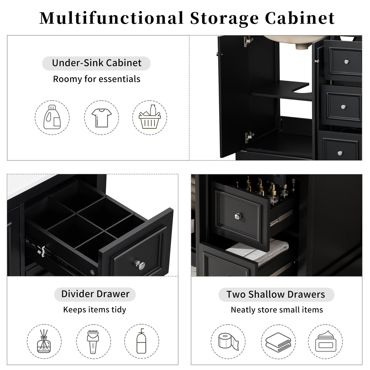 36'' Transitional Bathroom Vanity With Ceramic Sink -Features 2 Soft-close Doors, An Adjustable U-shaped Shelf, 3 Drawers  Including One With Divider , Painted Finish, And Ample Storage Space