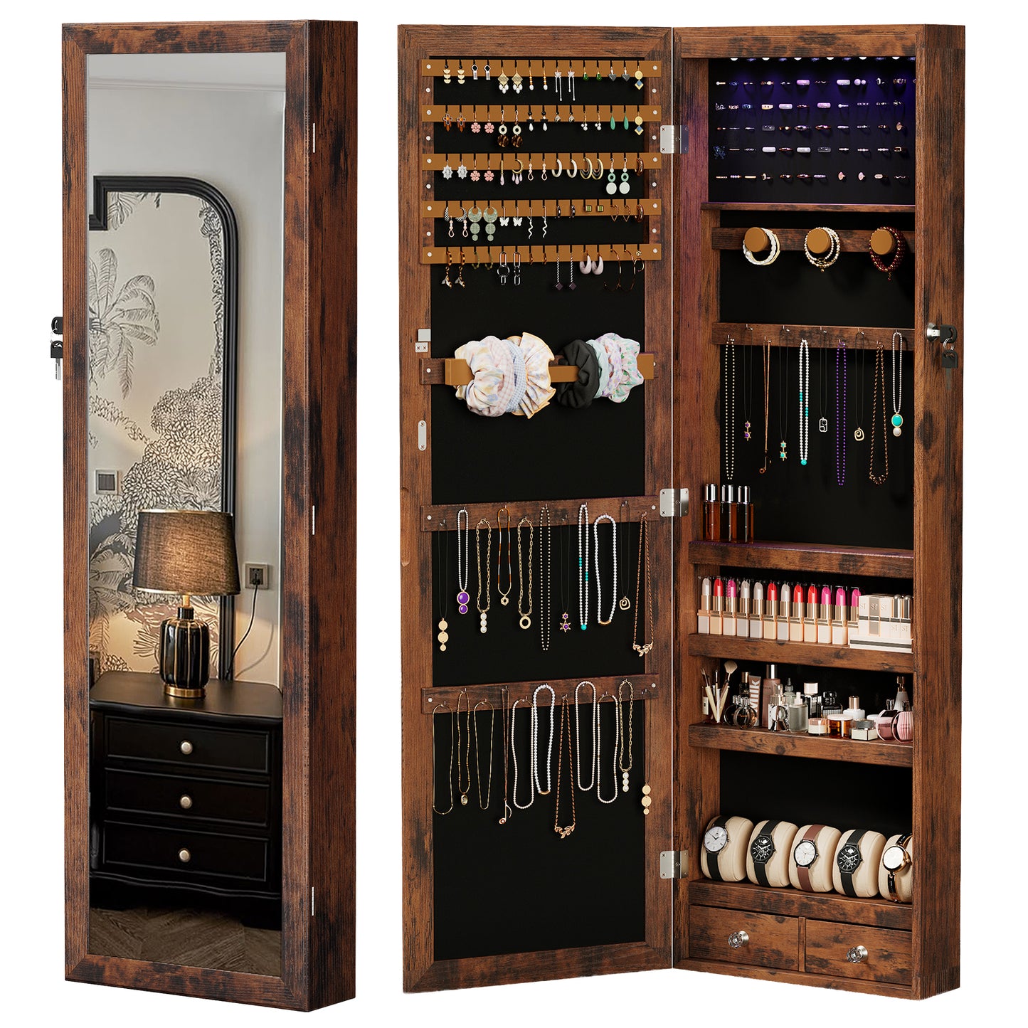 Full-Length Mirror Jewelry Armoire With 6 LED Lights, Wall-Mounted Large, Cosmetics Storage Space, Three Colors