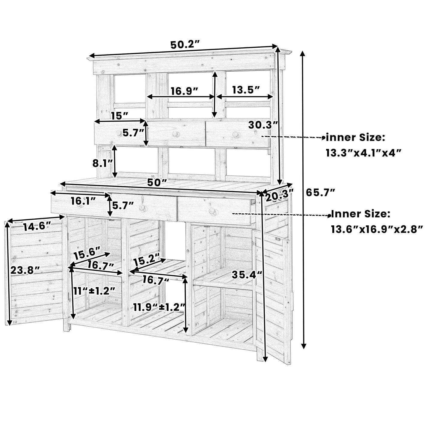 TOPMAx 65.7  H Tall Garden Potting Bench Table With Hutch Patio Storage Workstation With 3 Shelves 6 Drawers 2 Bottom Cabinets&Side Hooks For Mudroom Doorway  Natural