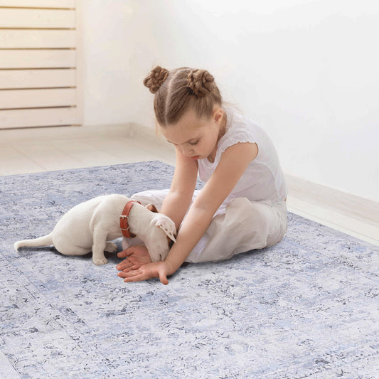 MAVAL Blue Washable Rug 2'6'' X 10' Runner Rug  Blue Cream, 2'6'' X 10'