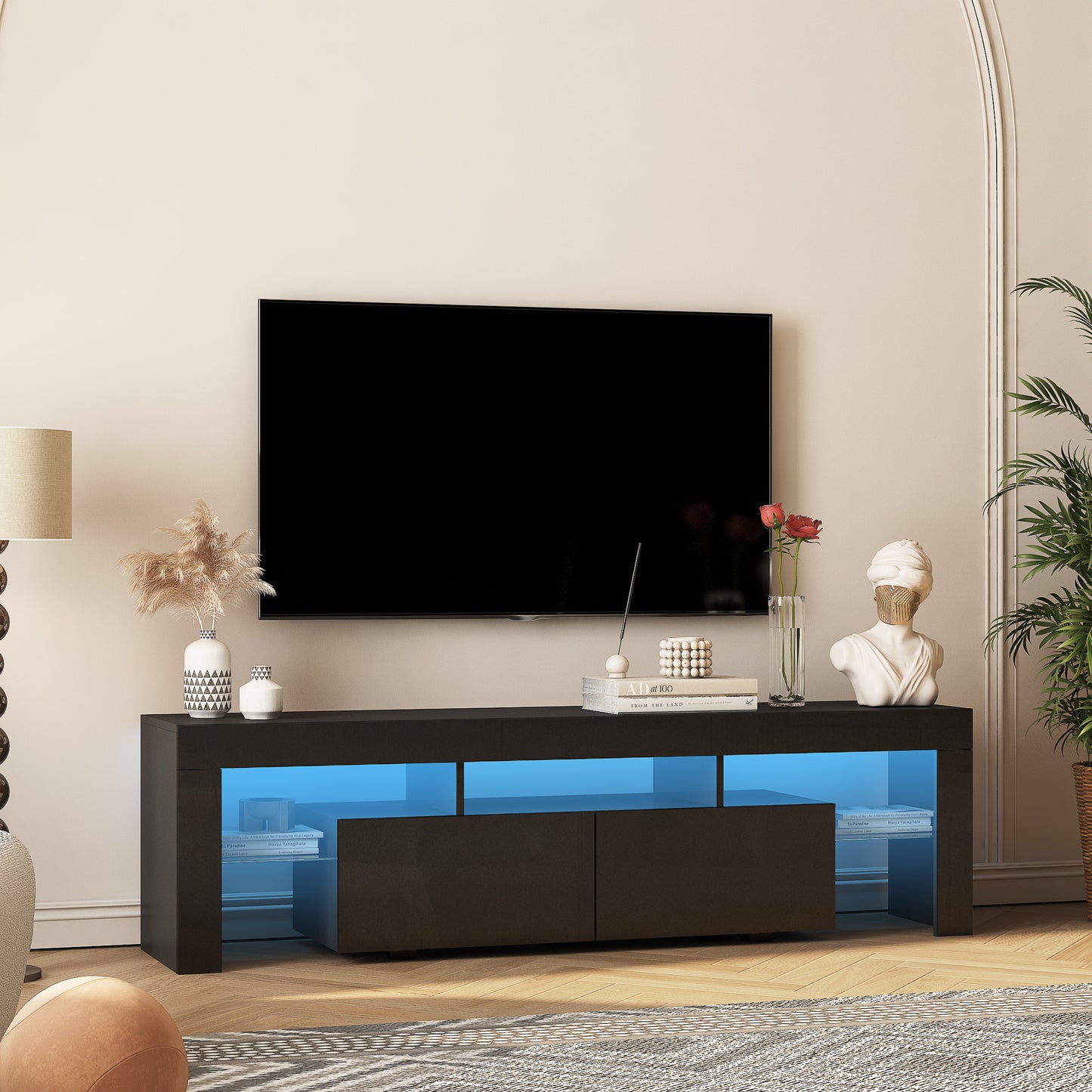 High Gloss TV Stand With LED Lights For TVs Up To 65'', Modern TV Console With Storage Cabinets For Living Room,Black