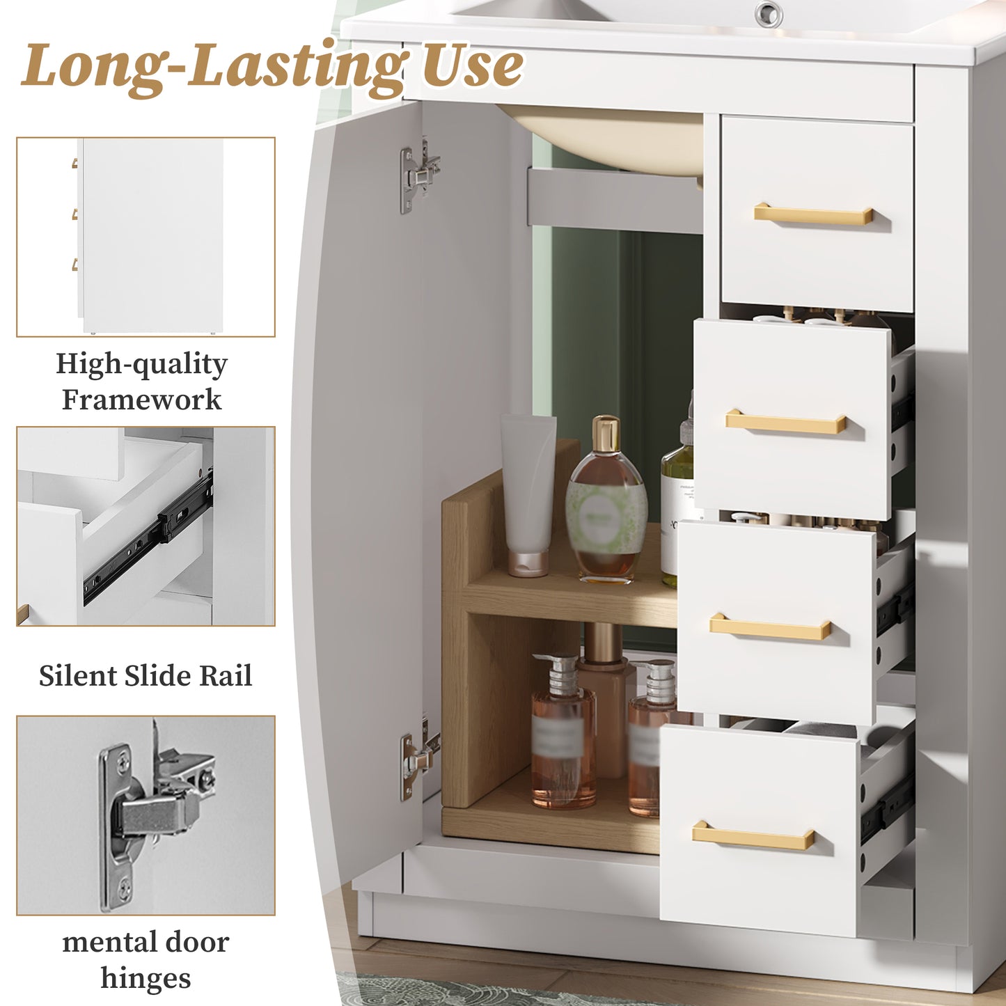 24   Bathroom Vanity With Integrated Ceramic Sink, Bathroom Cabinet With 1 Door, 3 Drawers, Single Sink Bathroom Vanity For Small And Medium Restroom, White