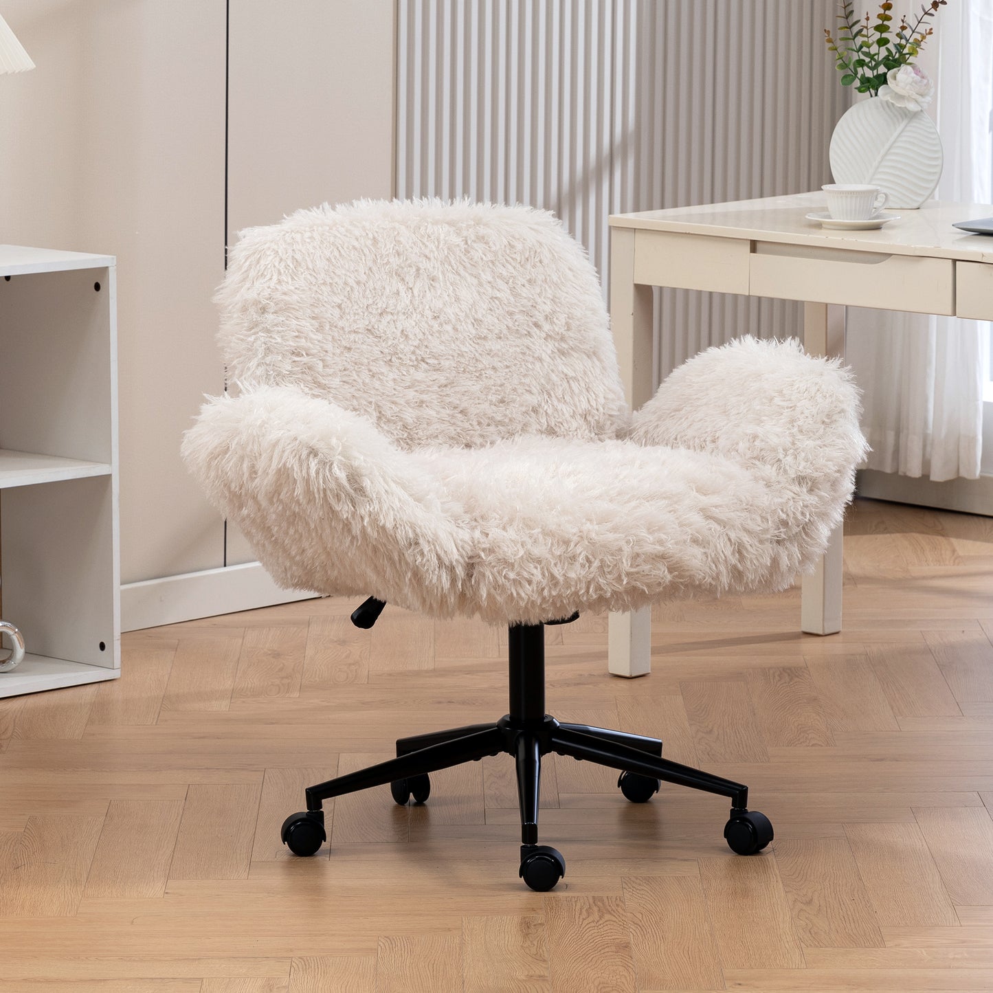 Criss Cross Chair With 5-Gear Adjustable Armrests & Wheels, Ergonomic Thickened Backrest Swivel Desk Chair For Home Office, Vanity, Bedroom And Living Room, Beige Lamb Wool