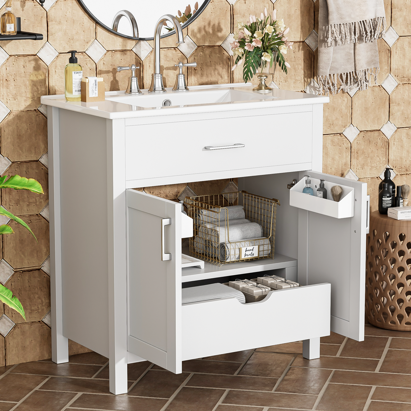 30-Inch  Bathroom Vanity With Ceramic Sink And Ample Storage - The Perfect Choice For Small Bathrooms