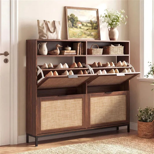 Boho Style Shoe Cabinet Cabinet With 4 Flip Drawers & Open Shelves, Freestanding Shoe Organizer For Entryway