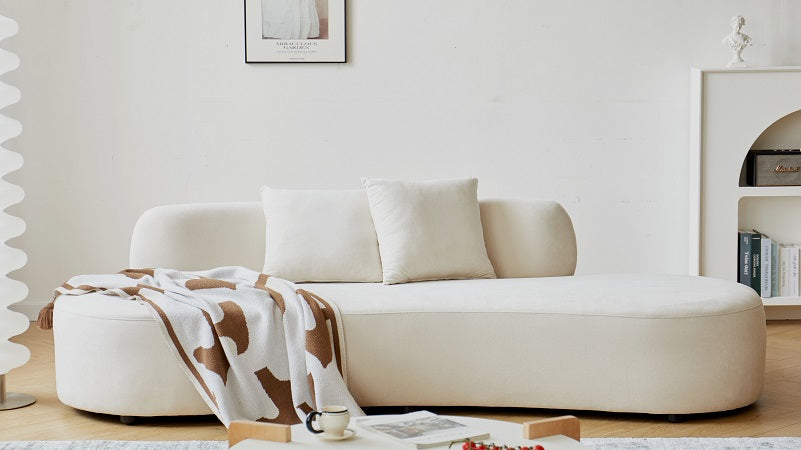 90   Curved Sofa With Throw Pillows, 4 Seater Luxury Velvet Couch With Half Moon Design And High-Density Foam, Ideal For Modern Living Room, Office & Apartment, Ivory