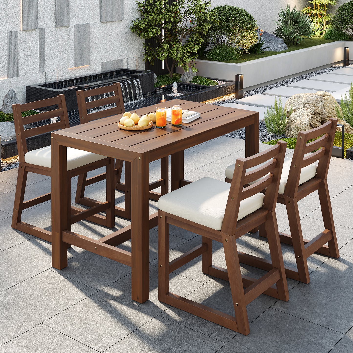 TREXM 5-Piece Rustic Patio Bar Set  Patio Table And Chairs Set With Ergonomic Chairs  Solid Wood Slatted Tabletop For Poolside  Balcony  Backyard  Porch  Mocha Beige Cushion