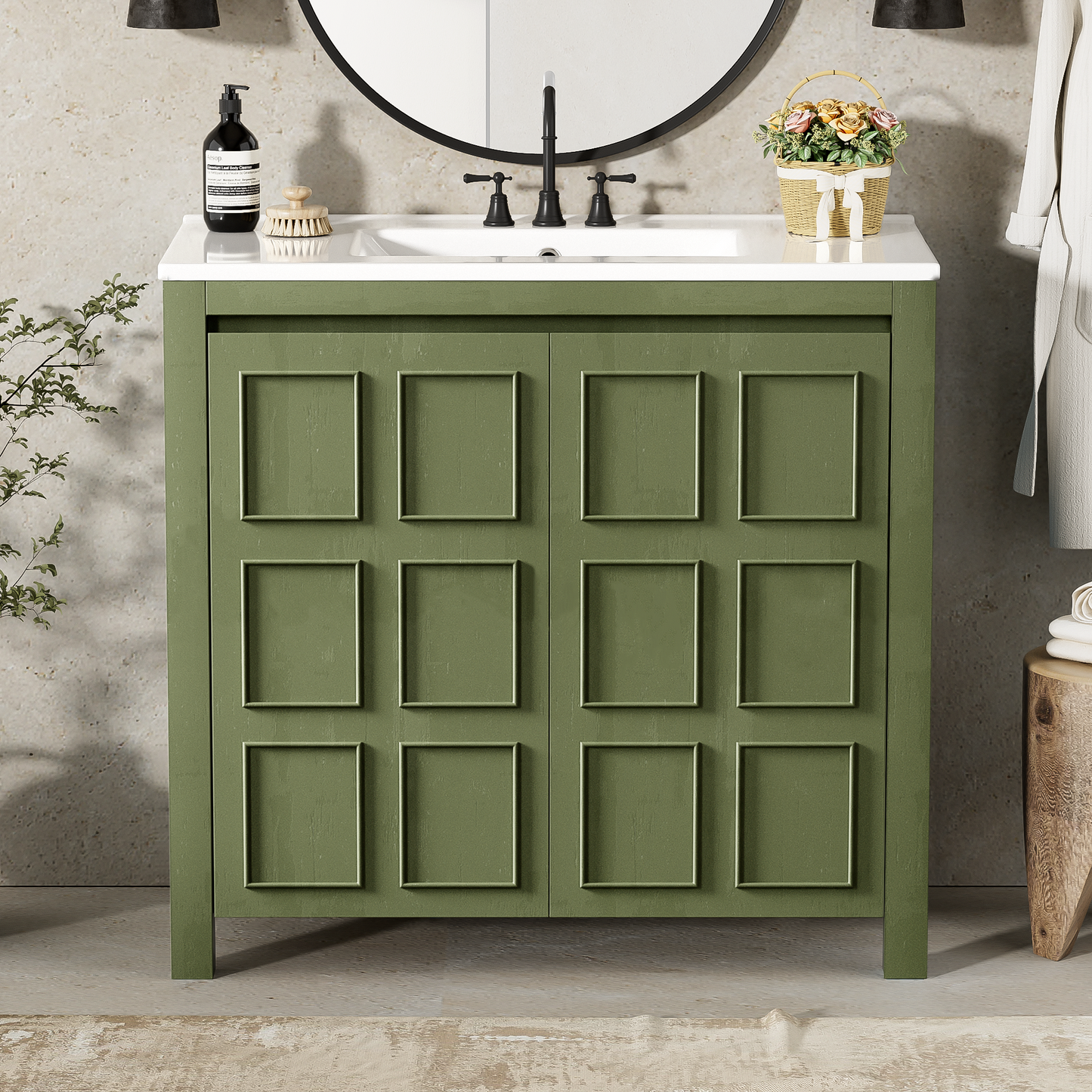 36   Bathroom Vanity Organizer With Ceramic Sink, Set Bathroom Storage Cabinet, Olive Green Old SKU SV000004AAF