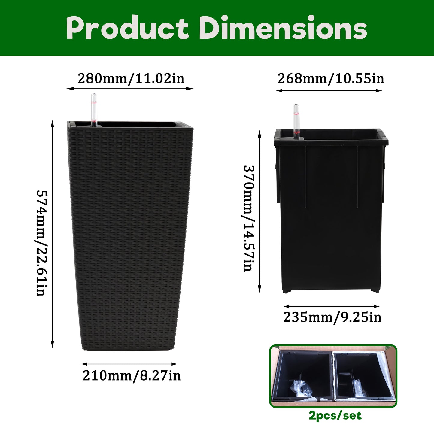 Pack Of 2 Square Planter For Garden 22-Inch High Faux Rattan Design Flower Pot With Automatic Watering System For Porch, Patio, Backyard, Makes Keeping Flowers Easier