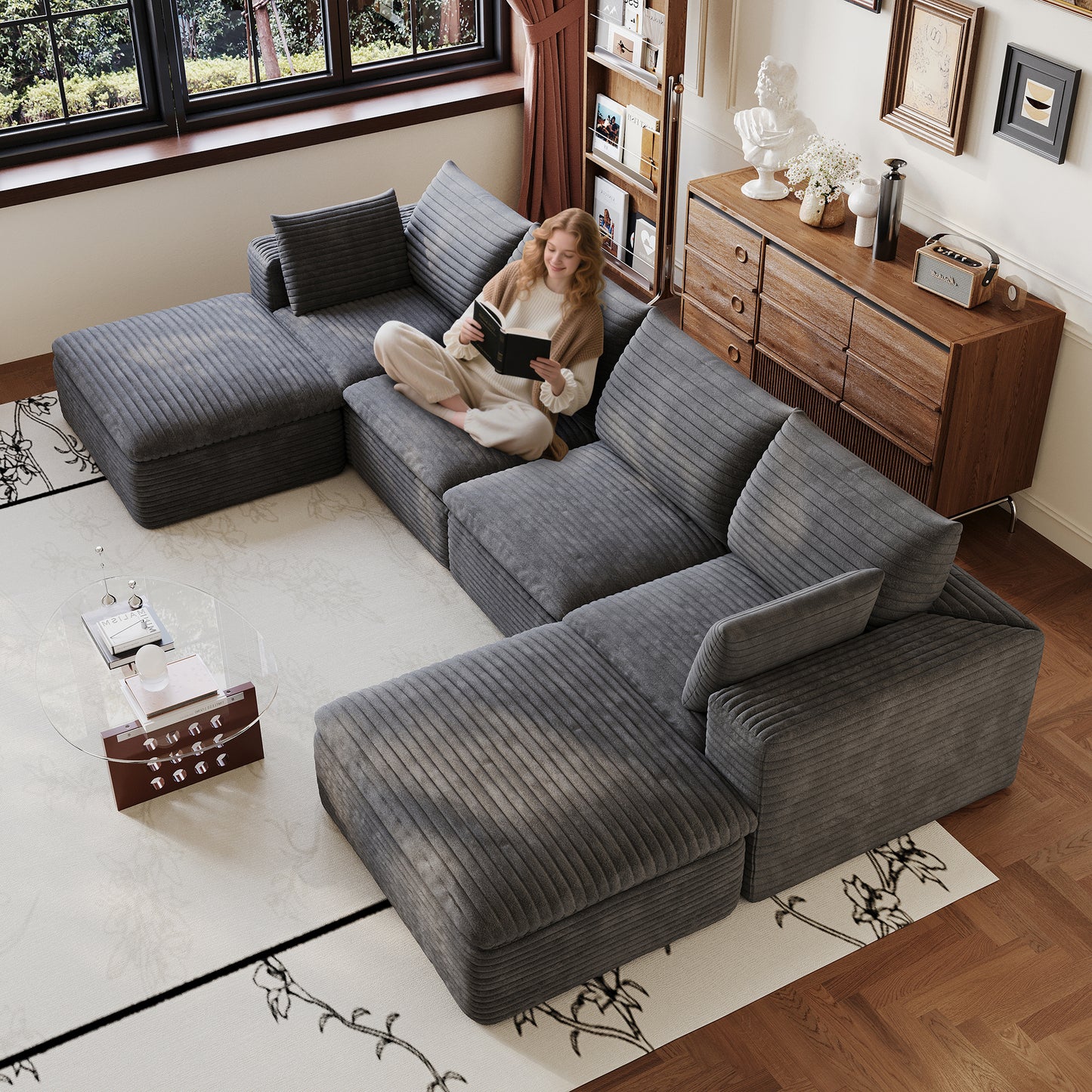 134  Cloud Sofa,Corduroy Fabric,Deep Seat Couches,Double-layer Design,Removable  Cushion,No Assembly, DIY Combination For Living Room, Bedroom,Conference Room ,Apartment,Dark Grey
