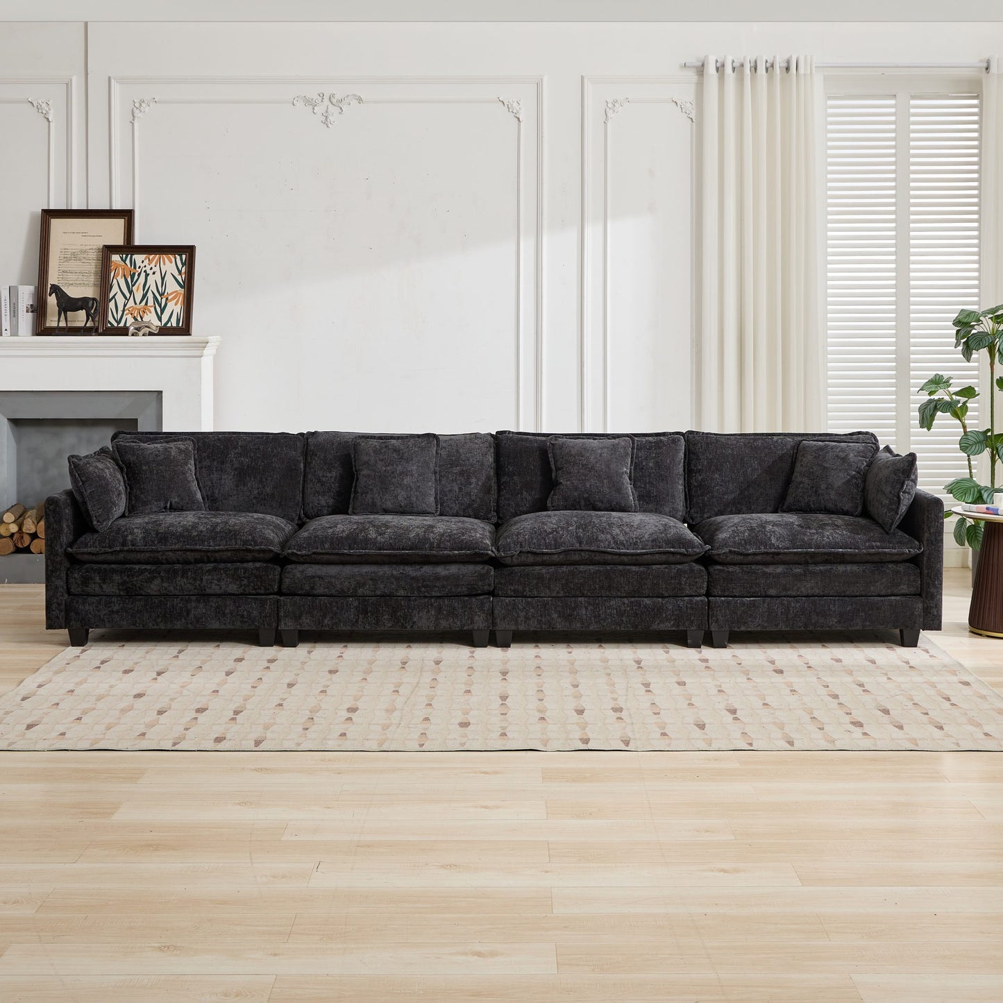 Cloud Sofa 4 Seats Ottoman Is Not Included, Modern Sectional Couch, For Living Room Bedroom And Apartment, Comfy Double Layer Upholstered Seat Cushion, Breathable Chenille Fabric, Black,SW5014BK