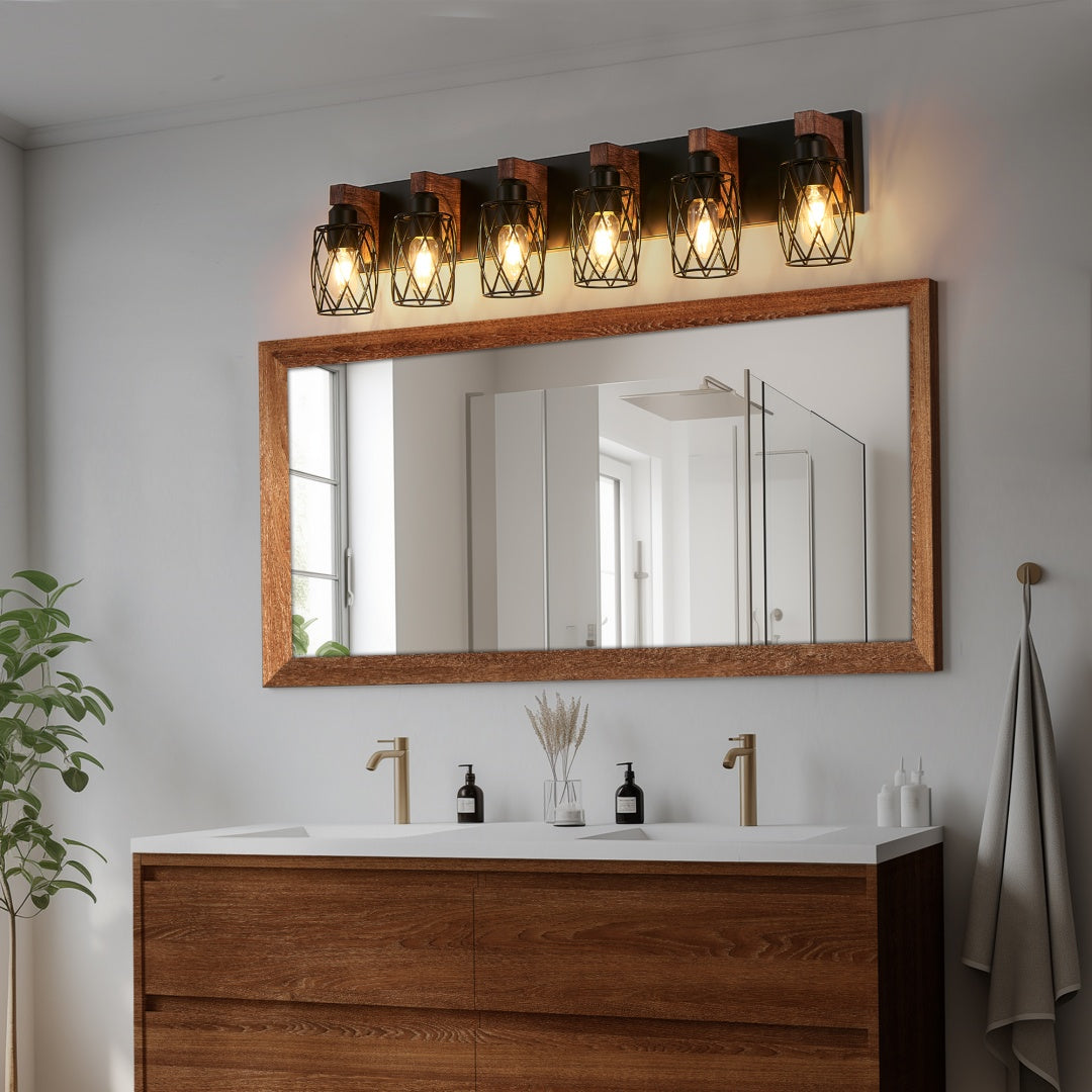 38  Industrial Vintage 6-Light Wall Sconce - Black Cage Wall Lighting Fixture With Wooden Accents For Bathroom, Hallway, Or Living Room Bulb Not Included