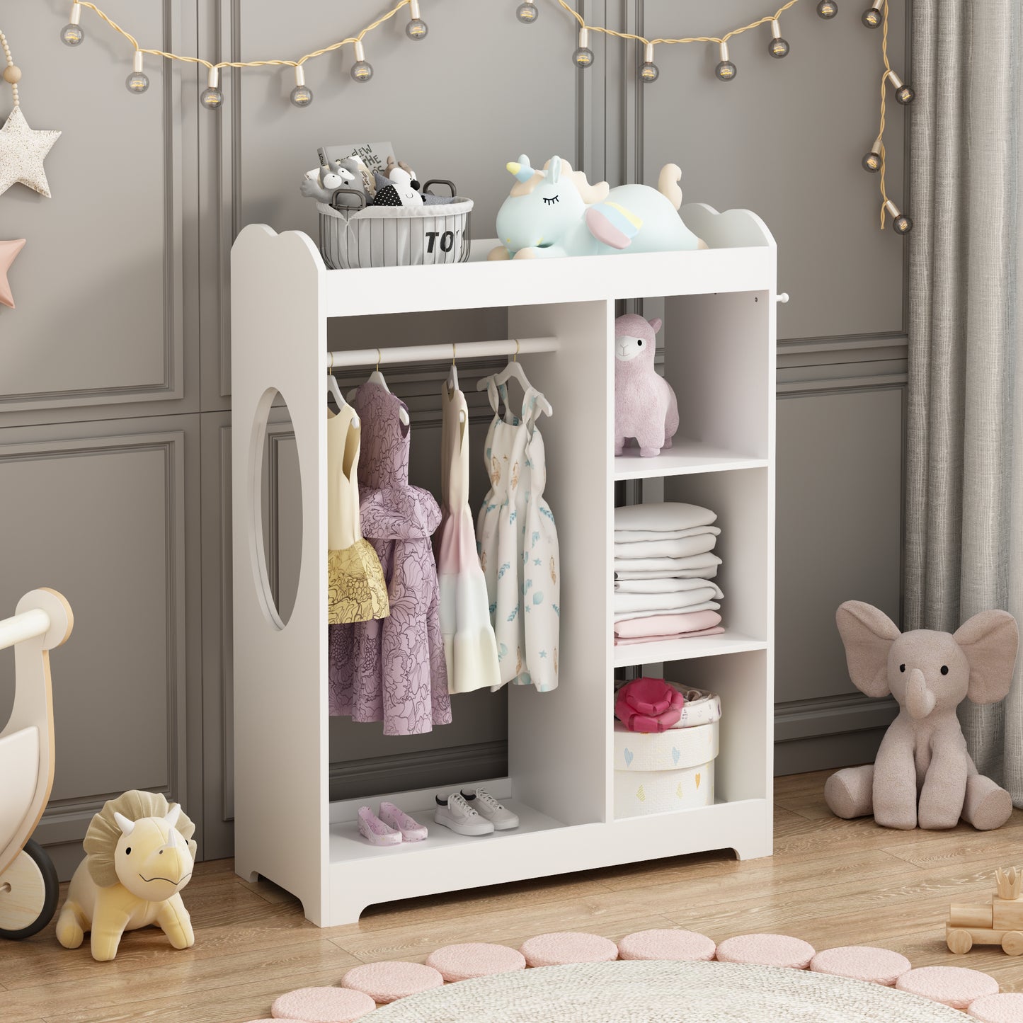 Kids Dress Up Storage With Mirror And Hooks, Wooden Dress Up Clothes Rack With Hanging Rod, 3 Side Hooks, Storage Shelves And Top Shelf, Toddler Costume Organizer For Playroom Bedroom Nursery  White