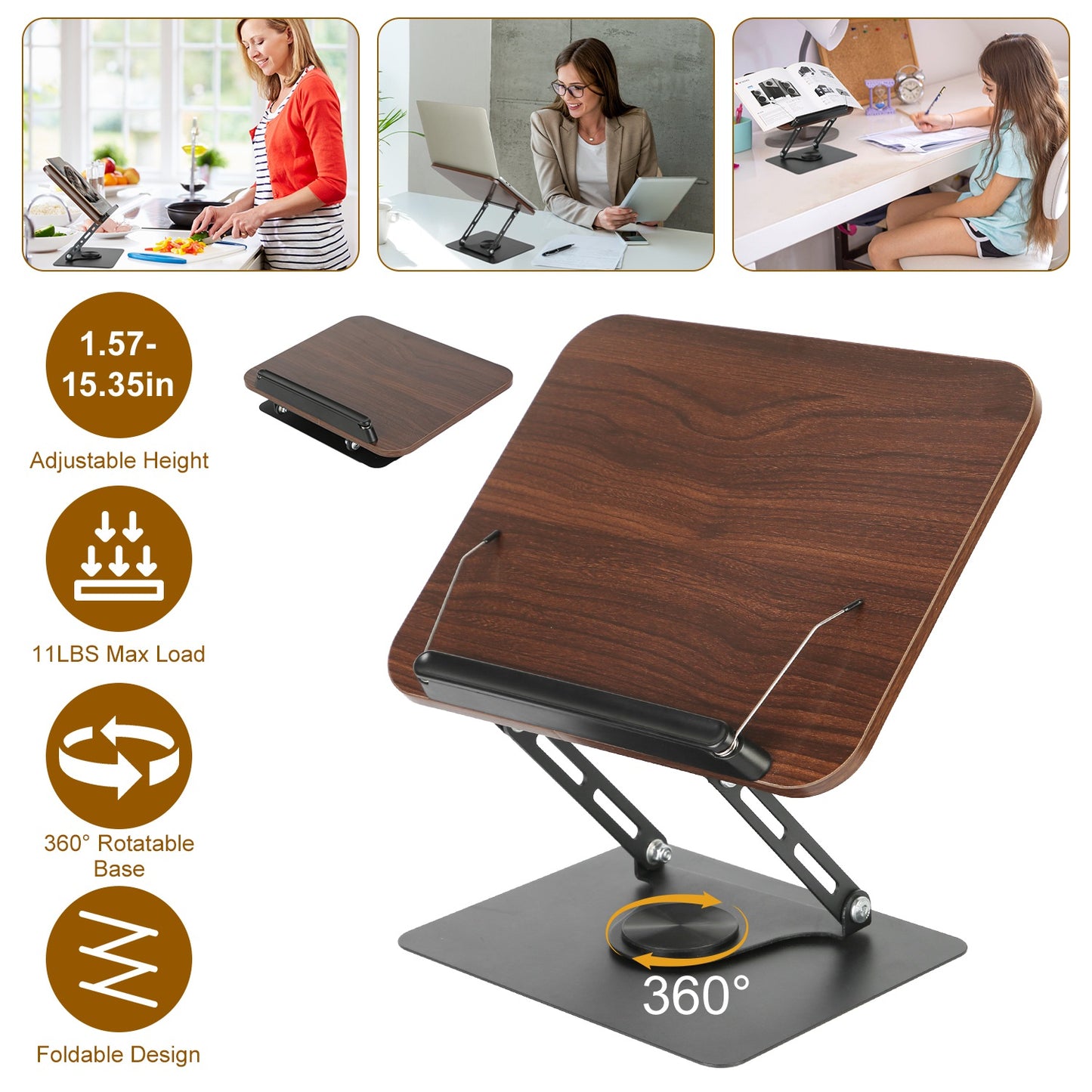 1Pc Book Stand For Reading Foldable Wood Book Holder Reading Rack Paper Stand With Adjustable Height 360 Degree Rotatable Base Dual Paper Clips For Book Sheet Music Laptop Drawing Tablet