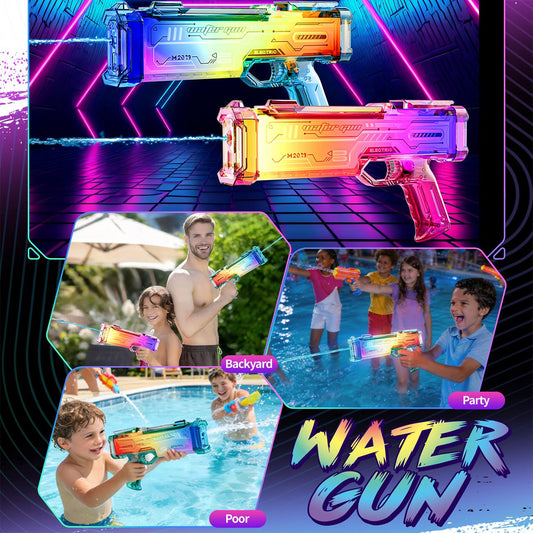Pink Futuristic Electric Water Gun, Rechargeable, Transparent Gradient, Continuous Firing, Perfect For Pool, Beach, And Outdoor Water Games.