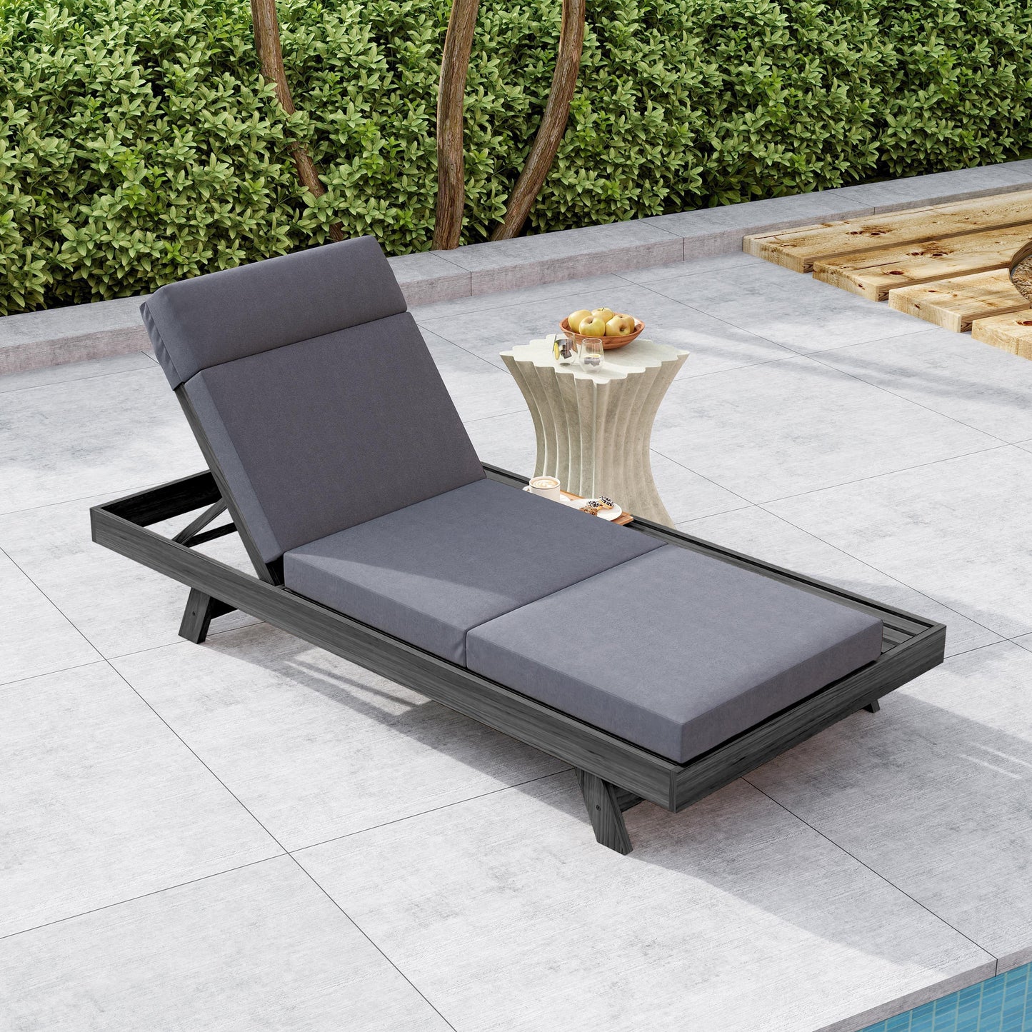 Lounge Chaise Set With Headrest, Space Available On One Side, Acacia Wood In Black With Water-Resistant Lounge Cushions  Dark Grey & 3-Fold & 4 Inch  -Matching Cream Beige Version Available
