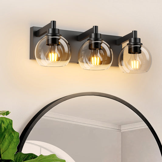 Bathroom Vanity Light,Modern 3-Light Bathroom Lighting Fixtures Over Mirror With Clear Glass Shade And Metal Base,Matte Black Bathroom Lighting