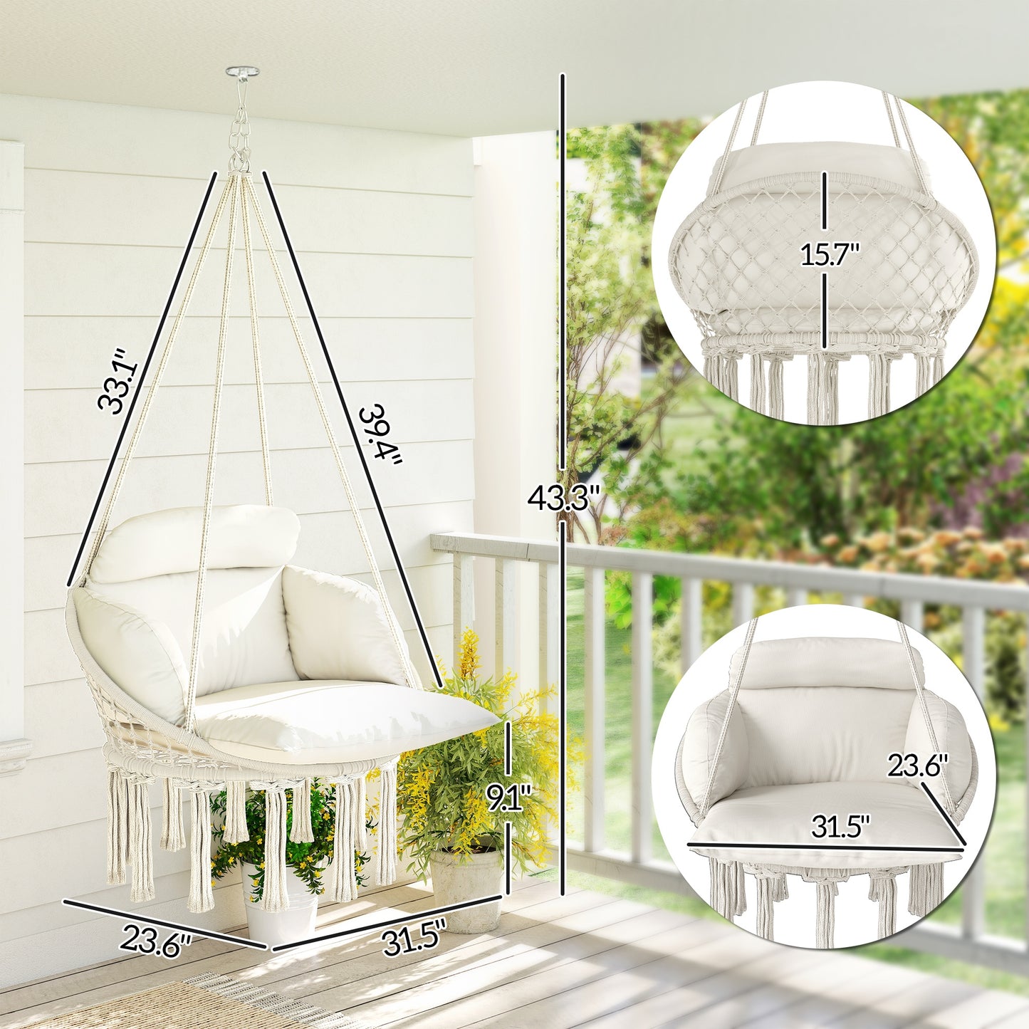 Hammock Swing Chair, Macrame Hanging Chair With Large Cushion, Chain, Steel Frame For Indoor Outdoor Use, Cream White