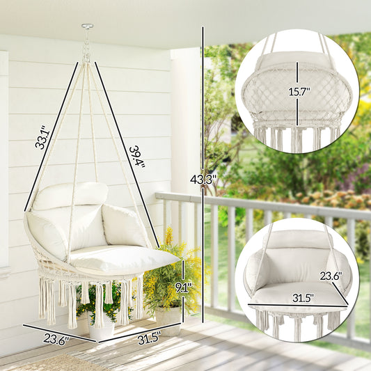 Hammock Swing Chair, Macrame Hanging Chair With Large Cushion, Chain, Steel Frame For Indoor Outdoor Use, Cream White