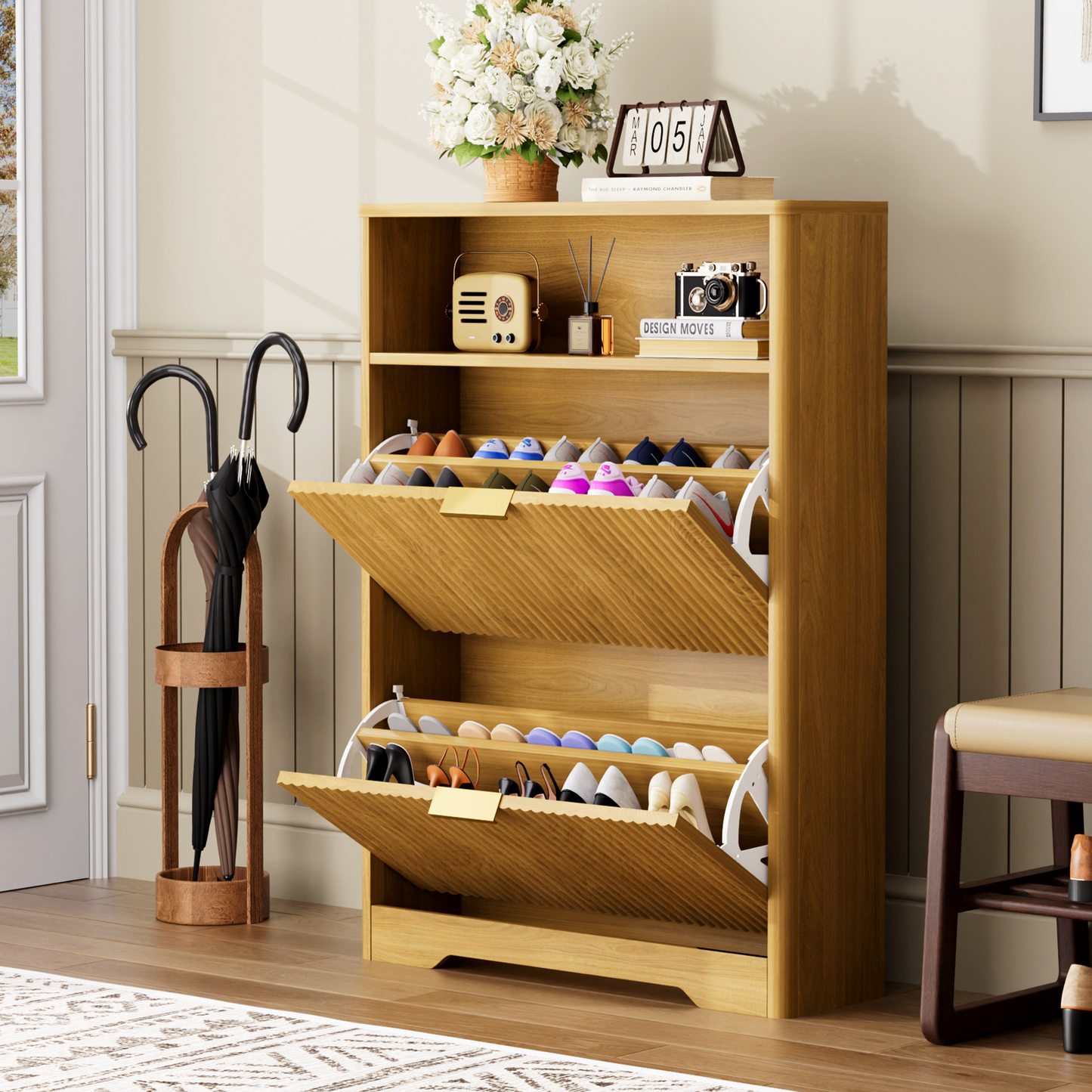 Shoe Cabinet Storage For Entryway Hidden Shoes Storage Cabinet With 2 Flip Drawers, Tall Free Standing Shoe Organizer Rack For Foyer, Hallway. Natural,31.6  L X 9.6  W X 40  H.