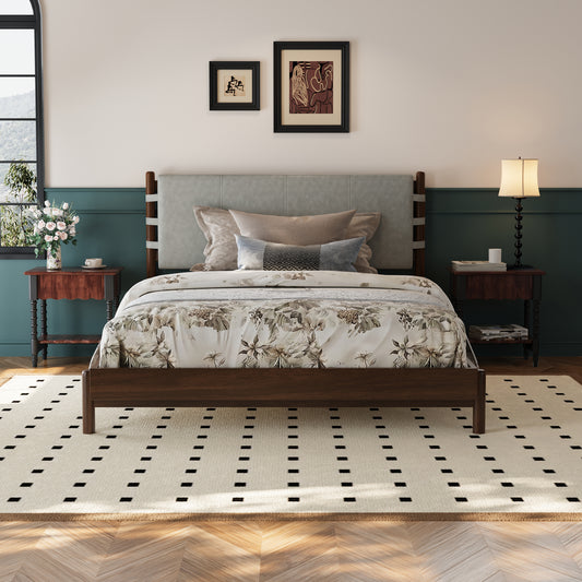 Premium Rubber Wood Platform Bed Frame, Queen Bed Frame With Headboard Included, Mid Century Modern Bed With Walnut Light Grey Color