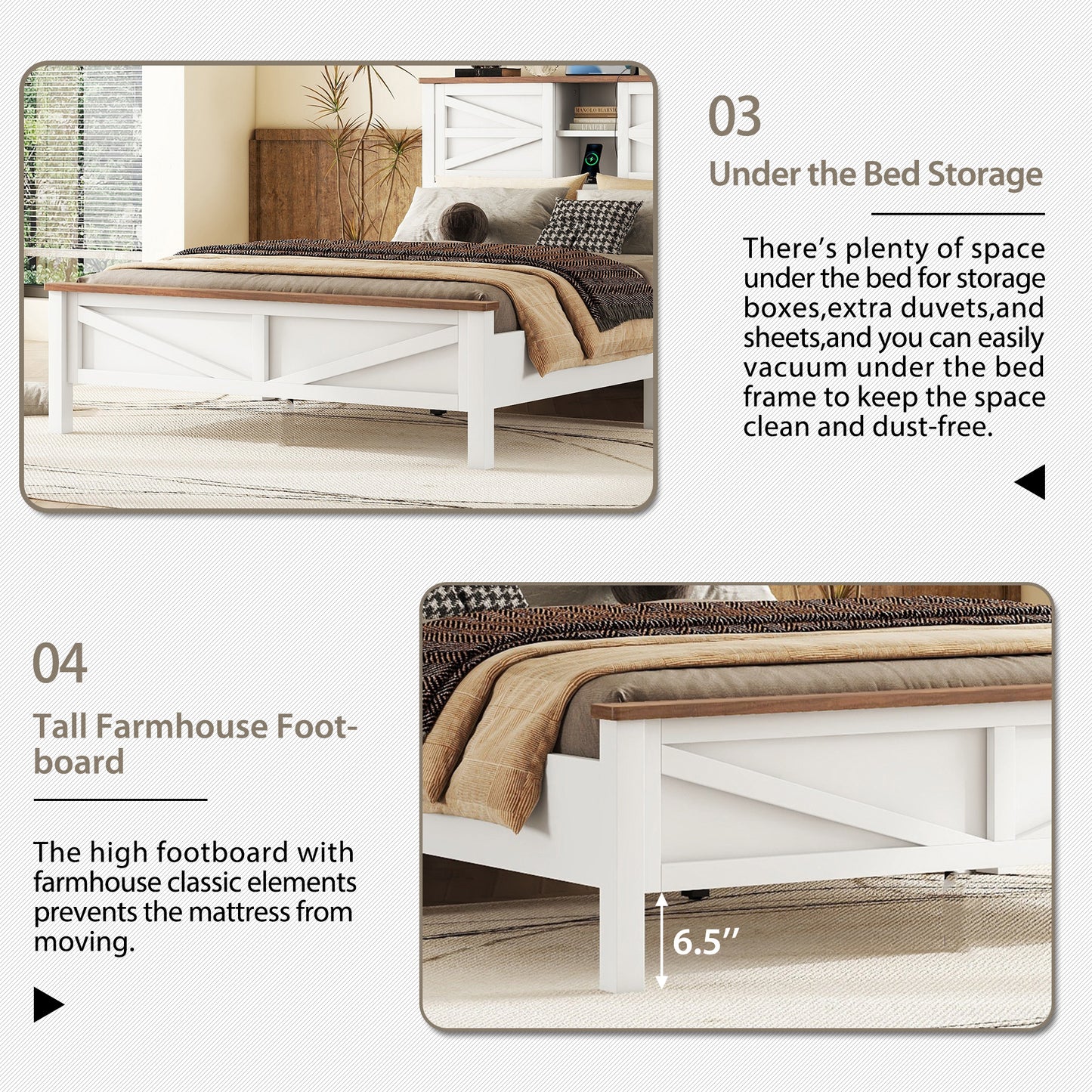 3-Pieces Bedroom Sets Full Size Farmhouse Platform Bed With Double Sliding Door Storage Headboard And Charging Station, Storage Nightstand And Dresser, White Brown Old SKU HL000091AAK