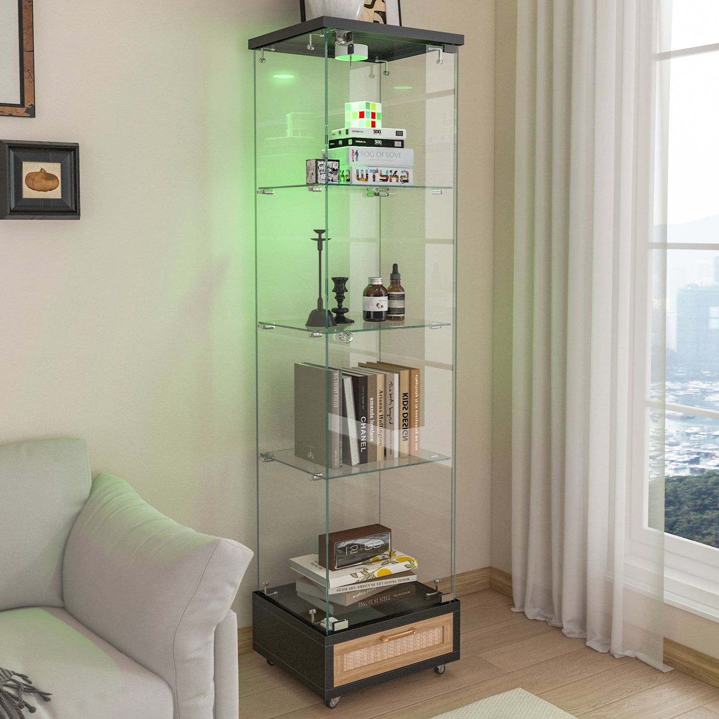 Modern Glass Display Cabinet With Drawer , Quick-assembly Antique Cabinet With LED Lights, Tempered Glass Bookshelf,  1-Door Storage Case With 4 Shelves  For Living Room And Bedroom, Black And Natural