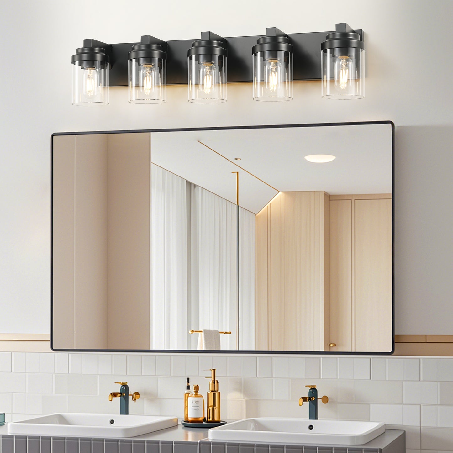 5-Light Bathroom Vanity Light Bathroom Light Fixtures Over Mirror, 31 Black Vanity Lights With Glass Shade, Modern Wall Sconce For Cabinet Porch Bedroom, Hallway Bulbs Not Included