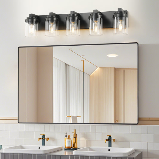 5-Light Bathroom Vanity Light Bathroom Light Fixtures Over Mirror, 31 Black Vanity Lights With Glass Shade, Modern Wall Sconce For Cabinet Porch Bedroom, Hallway Bulbs Not Included