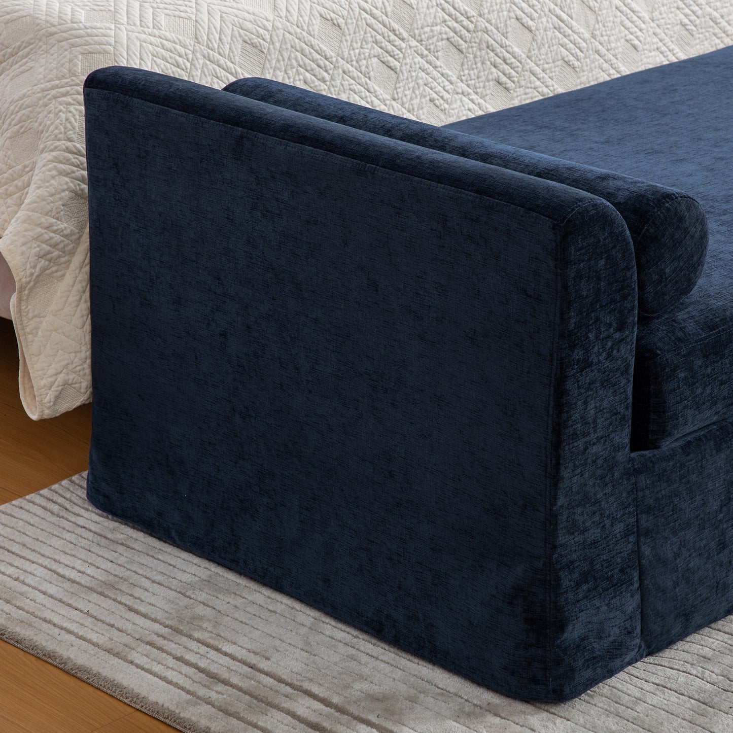 88.58  Wide Modern Bench, Bed End Bench With Armrests,Chenille Chaise Lounge Couch With 2 Bolster Pillows, Suitable For Living Rooms, Entryways, Dormitories, And Bedrooms.Navy
