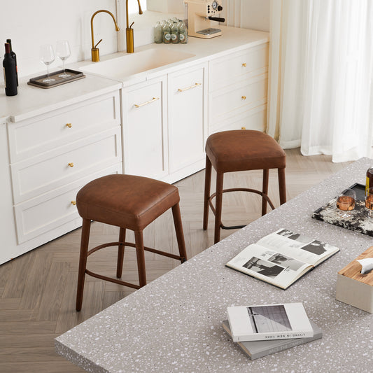 Counter Height Backless Brown Faux Leather Bar Stool  Comfortable Padded Seat With Sturdy Metal Legs & Footrest  Stylish Seating For Kitchen Island  Pub & Dining Counter 2 Sets