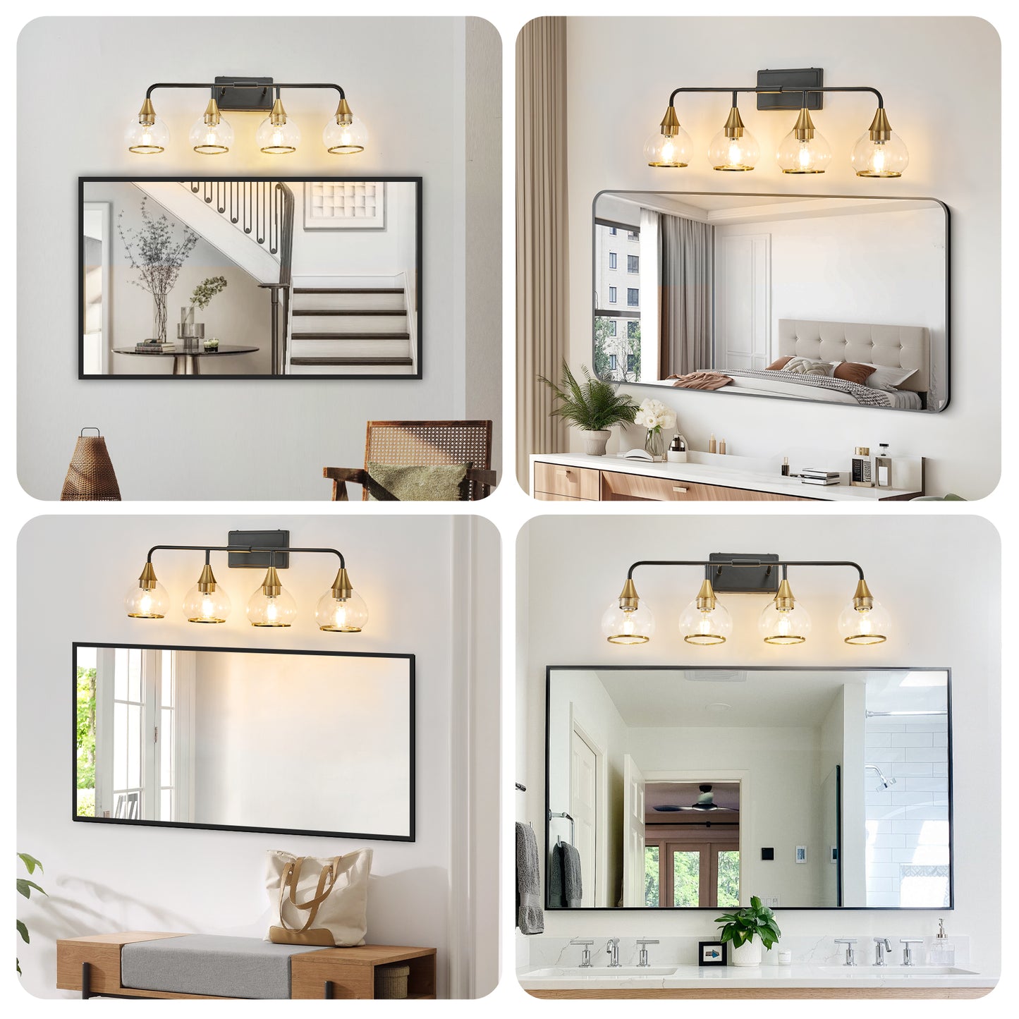 31 Modern 4-Light Vanity Wall Sconce - Black And Gold Bathroom Light Fixture With Clear Glass Shades, Industrial Wall Mounted Lamp For Mirror, Vanity, And Living Spaces Bulb Not Included
