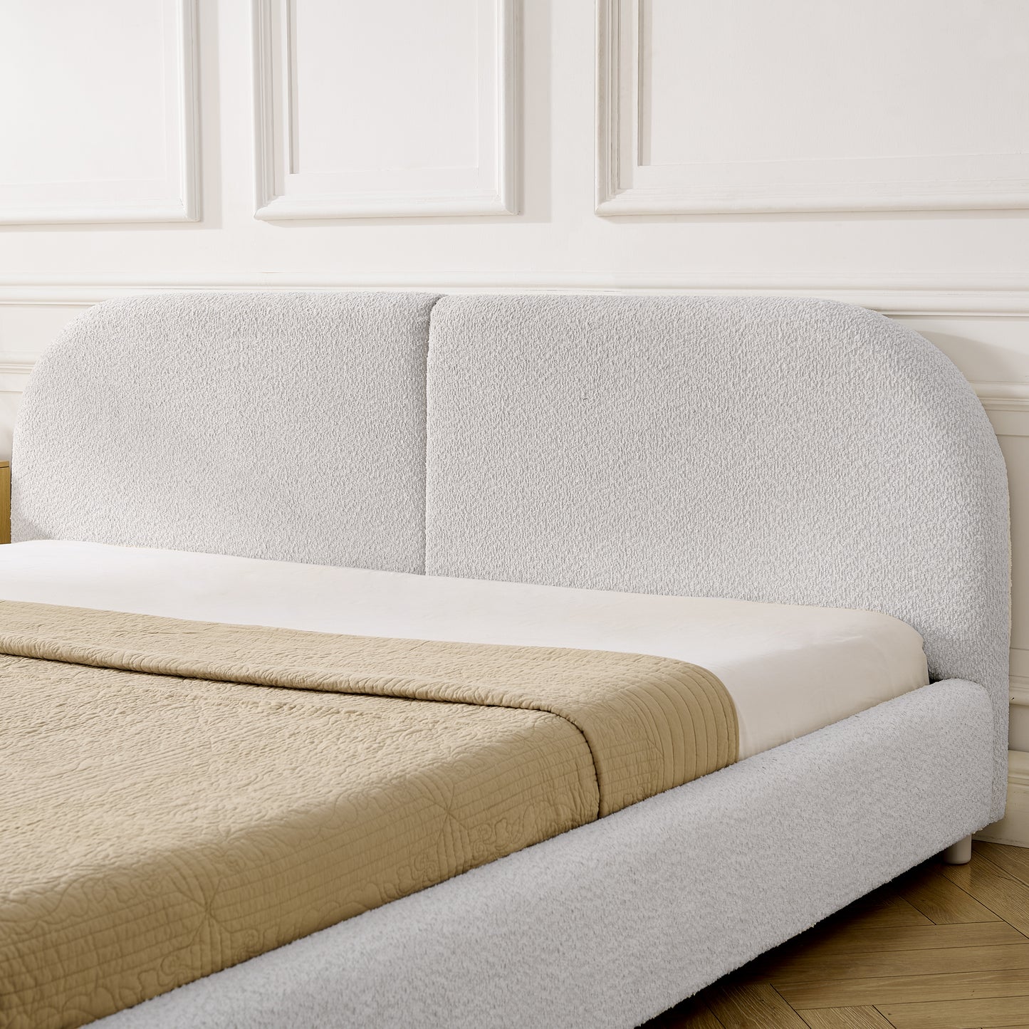 King Size Upholstered Bed Frame, Modern Minimalist Style With Tall Curved Headboard, Premium Circle Yarn Fabric & Sturdy Leg Support, Mattress Not Included-Beige