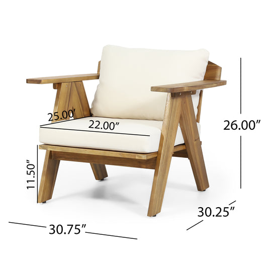 Outdoor Acacia Wood Club Chairs With Cushions  Set Of 2 , Teak Finish  Beige, 30.75 W X 30.25 D X 26.00 H