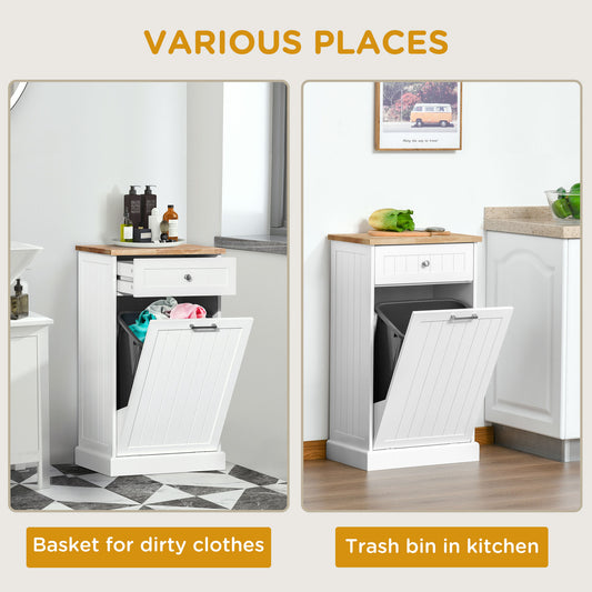 Kitchen Tilt Out Trash Bin Cabinet Free Standing Recycling Cabinet Trash Can Holder With Drawer, White