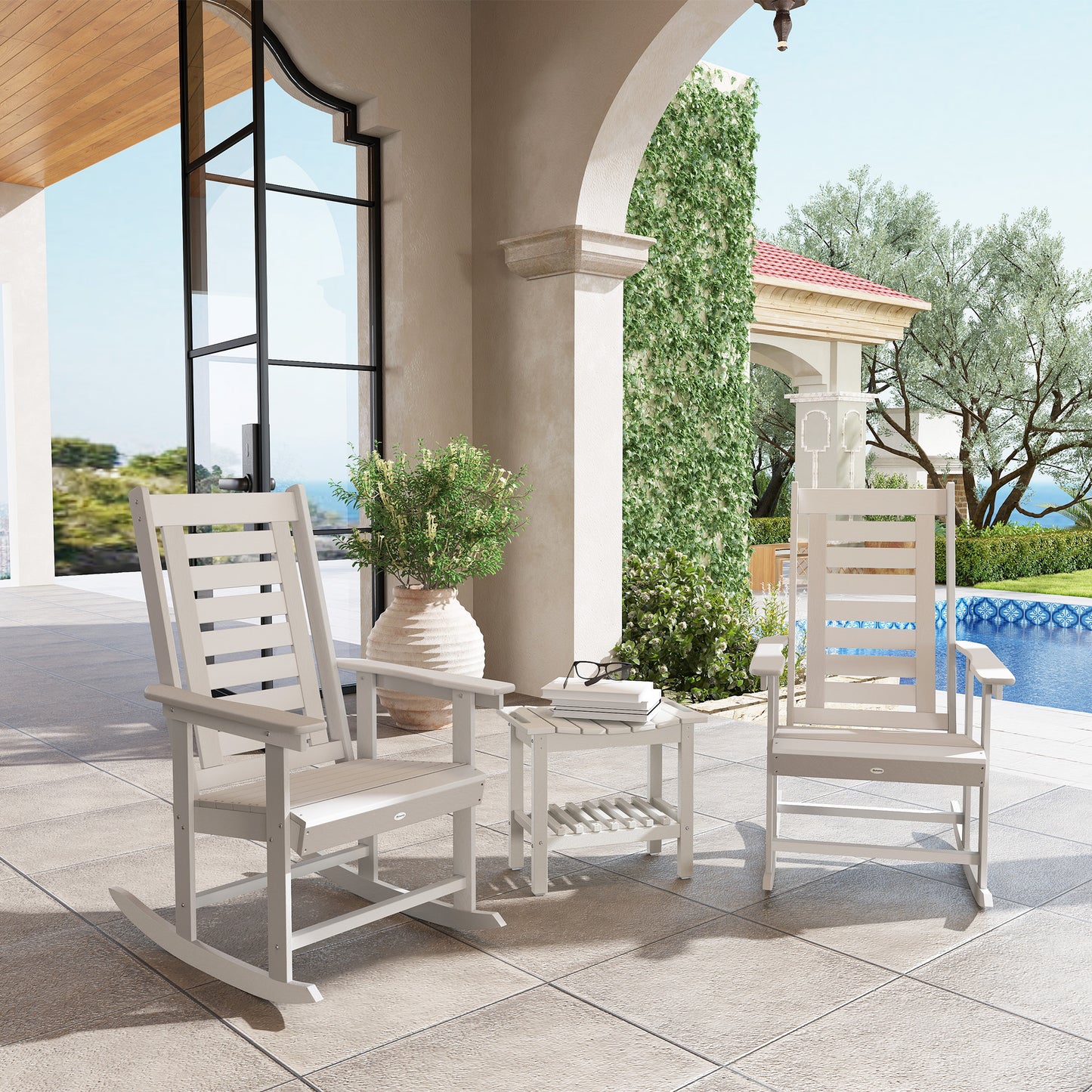 2 Pieces Outdoor Rocking Chairs, HDPE Patio Rockers With 28" High Back, Wide Armrests For Porch Backyard, White
