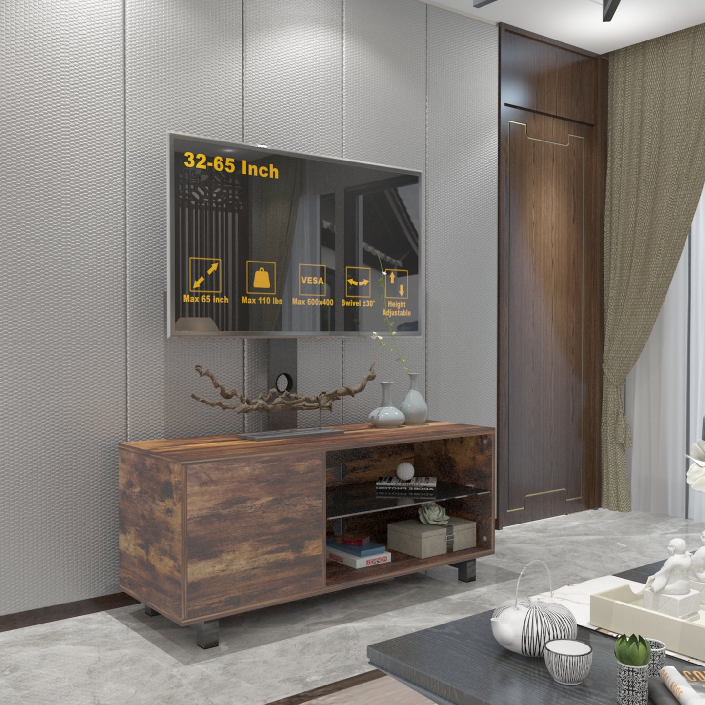 Rustic Brown TV Console With Push-to-open Storage Cabinet For TV Up To 65in Wood &glass TV Stand For Living Room Bedroom