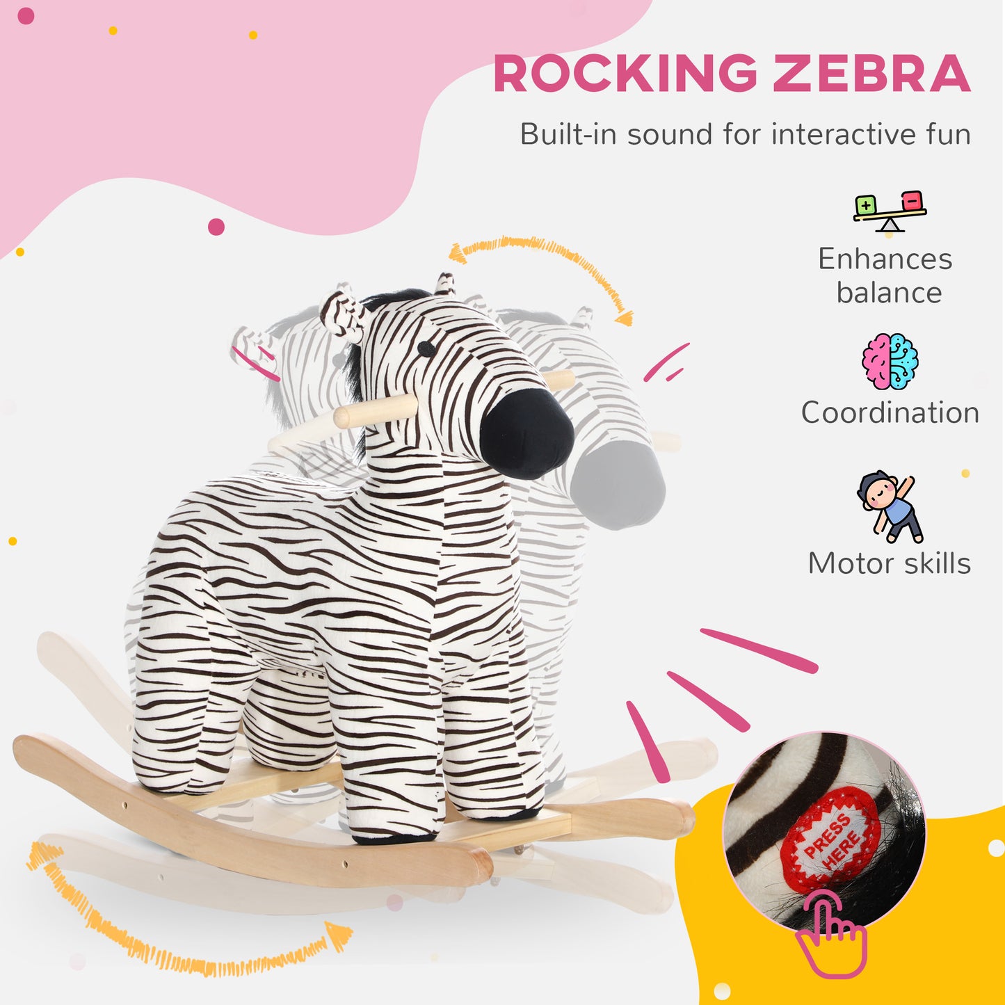 Zebra Shaped Kids Rocking Horse With Realistic Sound For 2-4 Years, Black