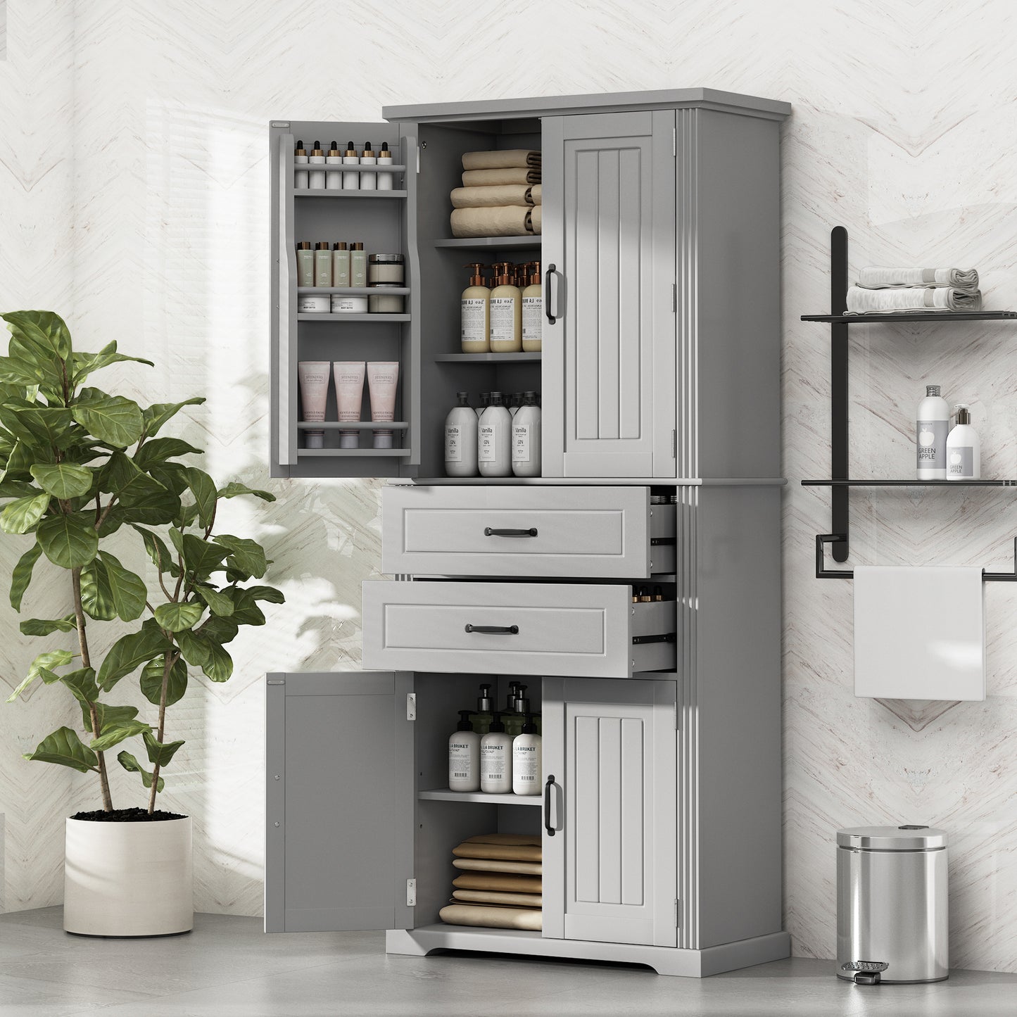 Video  Storage Cabinet With Multi-Functional Storage Space, Doors With Storage Shelves, 2 Drawers, Adjustable Shelf, Gray  Same Sku N759P293426E
