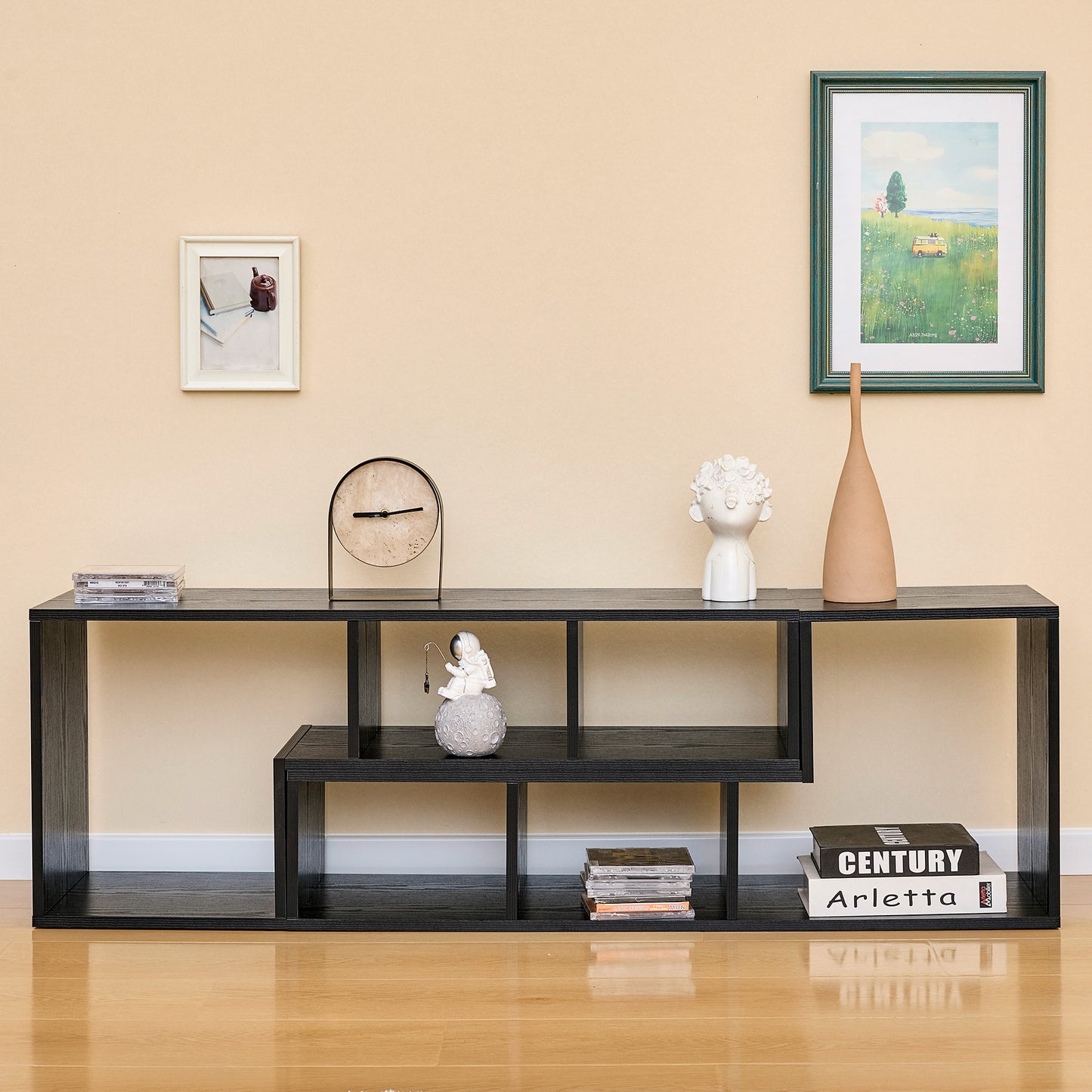 Modern Black Wood Grain MDF TV Stand, Expandable & Customizable Media Console, Free-Combination Entertainment Center With Open Storage Shelves For Living Room, Bedroom, Office