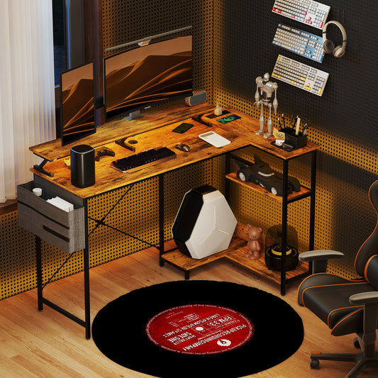 58" Reversible L Shaped Computer Desk, Corner Desk With Monitor Stand, Power Outlets And LED Lights, Rustic Brown