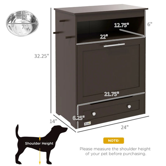 Pet Feeder Station Storage Cabinet, Dog Food Storage Container With Dog Raised Bowls, Watering Supplies, Gray